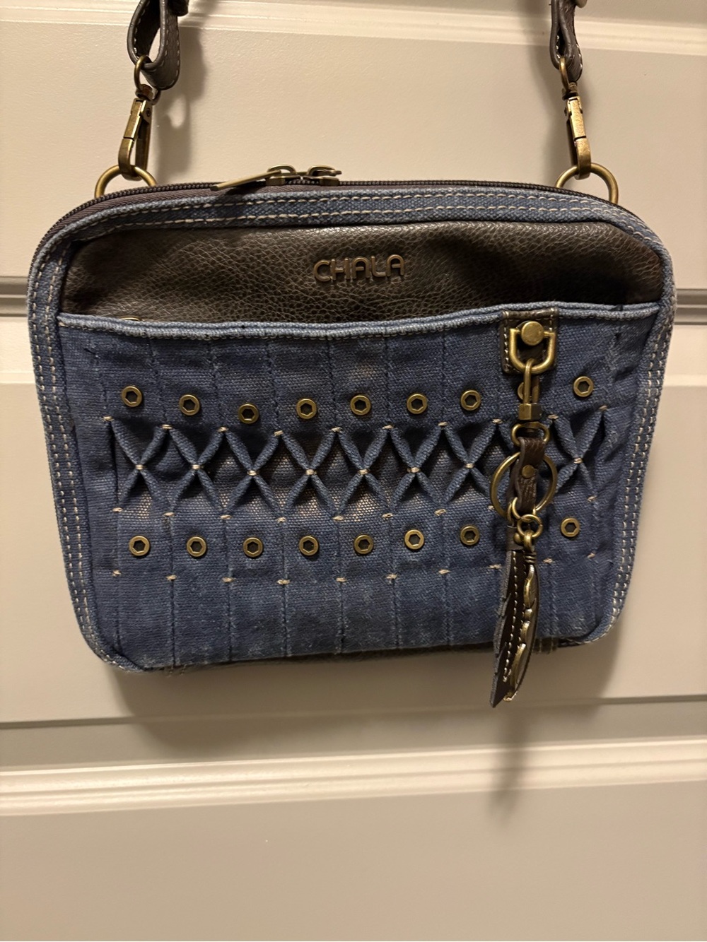 Chala Denim Blue Crossbody Bag with Brass Accents